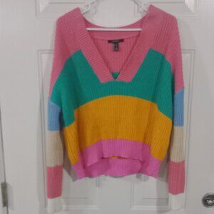 Forever 21 Rainbow Bright Multi-Colored Striped Knit V-Neck Sweater